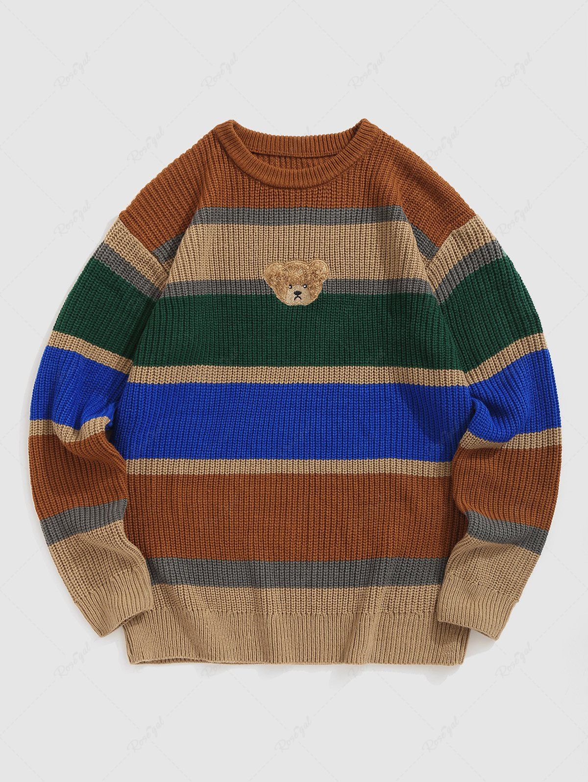 Outfits Men's Colorblock Striped Bear Patched Design Knitted Pullover Sweater  