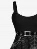 Halloween Spider Web Grommets Buckle Chain 3d Printed Tank Dress and Sheer Mesh Tied Cape Plus Size Outfit -  