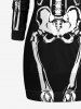 Plus Size Skeleton Print Pockets Drawstring Hoodie Dress -  