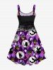 Plus Size 3D Cat Bat Pumpkin Ghost Floral Lace PU Buckle Print Halloween Tank Dress -  