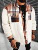 Men's Plaid Pattern Spliced Button Front Flap Pocket Fuzzy Teddy Fleece Jacket -  