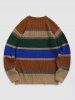 Men's Colorblock Striped Bear Patched Design Knitted Pullover Sweater -  
