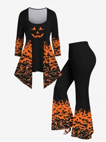 Plus Size Bats Pumpkin Devil Printed Halloween 2 in 1 Patchwork T-shirt and Flare Pants Outfit - ORANGE