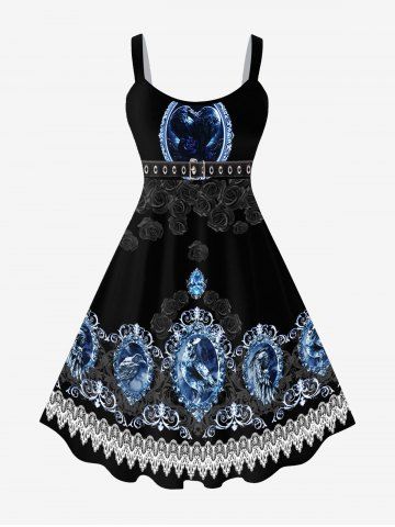 Plus Size 3D Eagle Rose Floral Paisley Belt Print Halloween Tank Dress - BLUE - XS