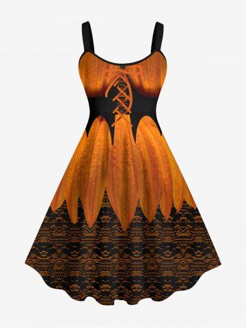 Plus Size Halloween Petal Lace-up Mesh 3D Print Tank Dress - DARK ORANGE - S
