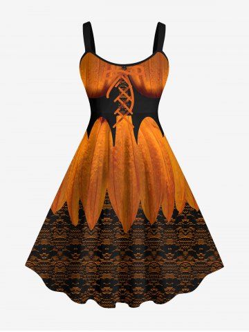 Plus Size Halloween Petal Lace-up Mesh 3D Print Tank Dress - DARK ORANGE - 1X