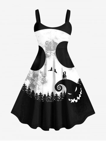 Plus Size Halloween  Ink Painting Moon Bat Devil Face Print Tank Dress - BLACK - M