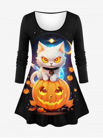 T-shirt D'Halloween Citrouille Chat et Galaxie Imprimés Grande Taille à Paillettes - BLACK - XS
