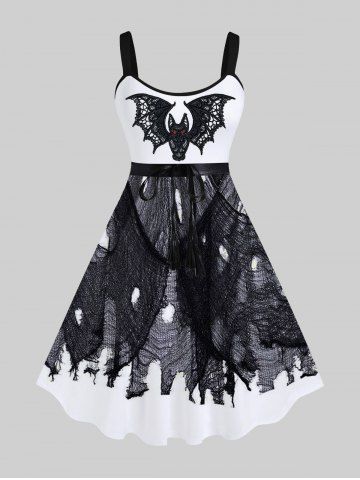 Plus Size Halloween Bat Ribbon Ripped Mesh 3D Print Tank Dress - BLACK - S