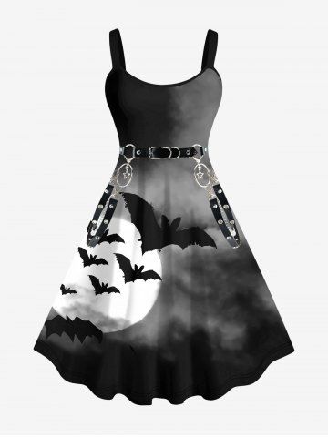 Plus Size 3D Bat Moon PU Buckle Chain Tassel Print Halloween Ombre Dress - BLACK - XS