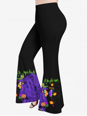Pantalon Evasé D'Halloween 3D Citrouille Papillon et Bonbons Imprimés en Blocs de Couleurs de Grande Taille - BLACK - 4X