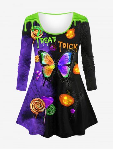 Plus Size 3D Butterfly Candy Pumpkin Spider Web Colorblock Print Halloween T-shirt - PURPLE - 3X