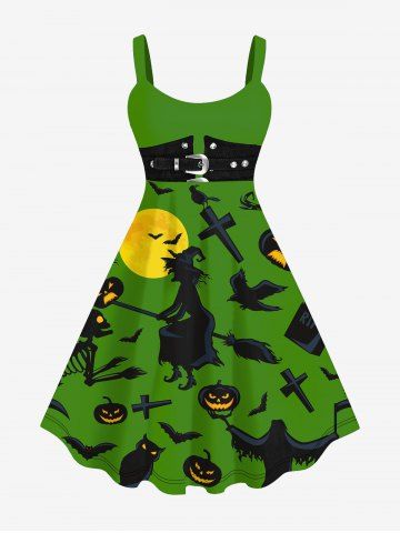 Plus Size Halloween Pumpkin Cross Broom Witch Moon Eagle Print Tank Dress - GREEN - XS