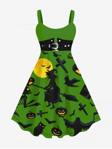 Robe D'Halloween Chauve-souris Citrouille Sorcière Imprimée de Grande Taille - GREEN - M