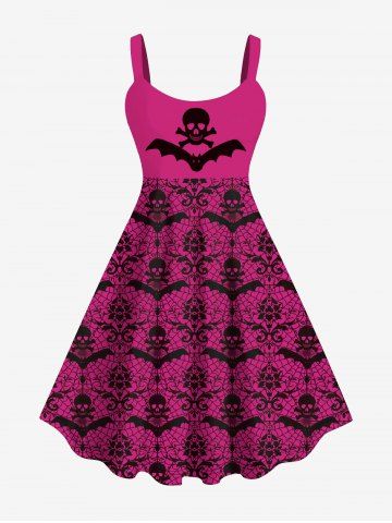 Plus Size Halloween Skull Bat Spider Web Print Dress - LIGHT PINK - M