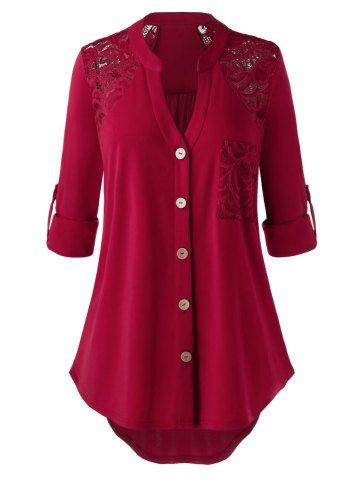 Plus Size Floral Lace Panel Roll Tab Sleeves Buttons Pleated High Low Blouse - RED - 1X | US 14-16