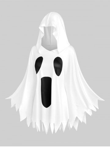 Halloween Ghost Face Print Poncho Shawl Handkerchief Hooded Cape - WHITE - ONE SIZE