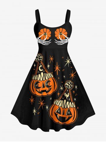 Plus Size Halloween Pumpkin Star Skeleton Claw Print Tank Dress - BLACK - M
