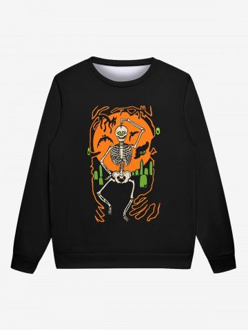 Sweatshirt Gothique D'Halloween Lune Squelette et Chauve-souris Imprimés pour Homme - BLACK - L