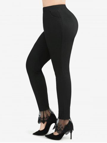 Plus Size Floral Lace Mesh Panel Pockets Ribbed Textured Solid Skinny Patchwork Leggings - BLACK - 3X | US 22-24