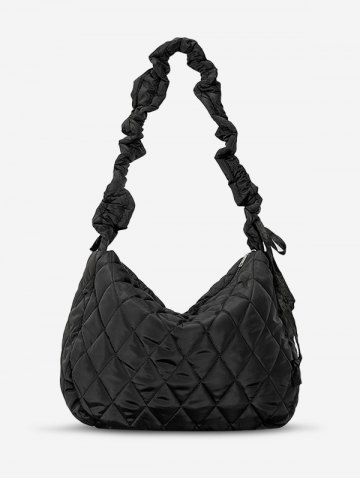 Women's Daily Solid Color Quilted Padded Puffer Design Ruched Strap Shoulder Bag - BLACK