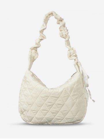 Women's Daily Solid Color Quilted Padded Puffer Design Ruched Strap Shoulder Bag - WARM WHITE