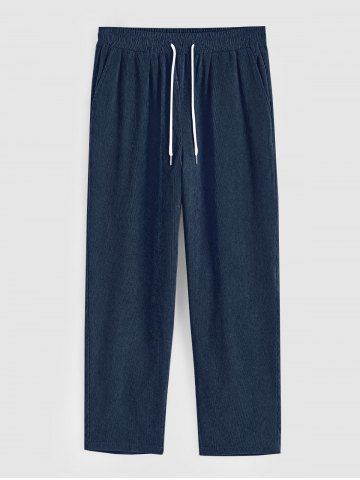 Men's Minimalist Plain Color Straight Leg Drawstring Casual Corduroy Pants - DEEP BLUE - M