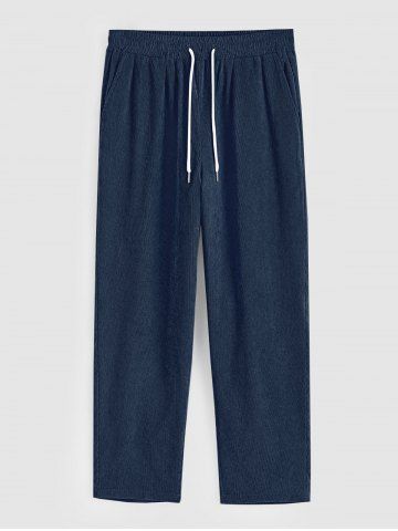 Men's Minimalist Plain Color Straight Leg Drawstring Casual Corduroy Pants - DEEP BLUE - L