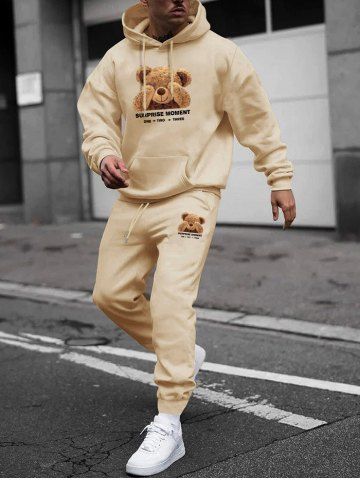Men's Cartoon Bear Letter Graphic Pattern Kangaroo Pocket Fleece-lined Hoodie and Beam Feet Drawstring Jogger Pants Set - LIGHT COFFEE - M