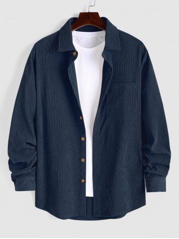 Men's Plain Color Front Pocket Design Button Down Long Sleeves Corduroy Shirt - DEEP BLUE - M