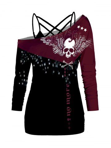 Halloween Skull Star Letter Colorblock Print Skew Collar T-shirt And Spaghetti Strap Camisole Set - DEEP RED - XL | US 10