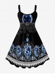 Plus Size 3D Eagle Rose Floral Paisley Belt Print Halloween Tank Dress -  