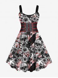 Plus Size Halloween Costume Rose Skull Bird Grommets Lace Up 3D Print Tank Dress -  