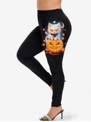 Legging D'Halloween Chat Lune et Citrouille Imprimés Grande Taille à Paillettes - Noir 5X