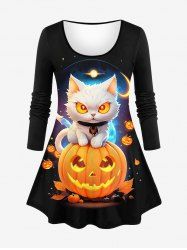 T-shirt D'Halloween Citrouille Chat et Galaxie Imprimés Grande Taille à Paillettes - Noir 6X