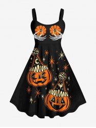 Plus Size Halloween Pumpkin Star Skeleton Claw Print Tank Dress -  