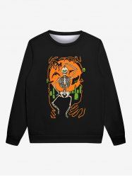 Sweatshirt Gothique D'Halloween Lune Squelette et Chauve-souris Imprimés pour Homme - Noir 6XL