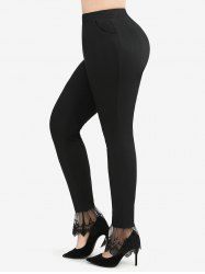 Plus Size Floral Lace Mesh Panel Pockets Ribbed Textured Solid Skinny Patchwork Leggings -  