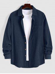 Men's Plain Color Front Pocket Design Button Down Long Sleeves Corduroy Shirt -  
