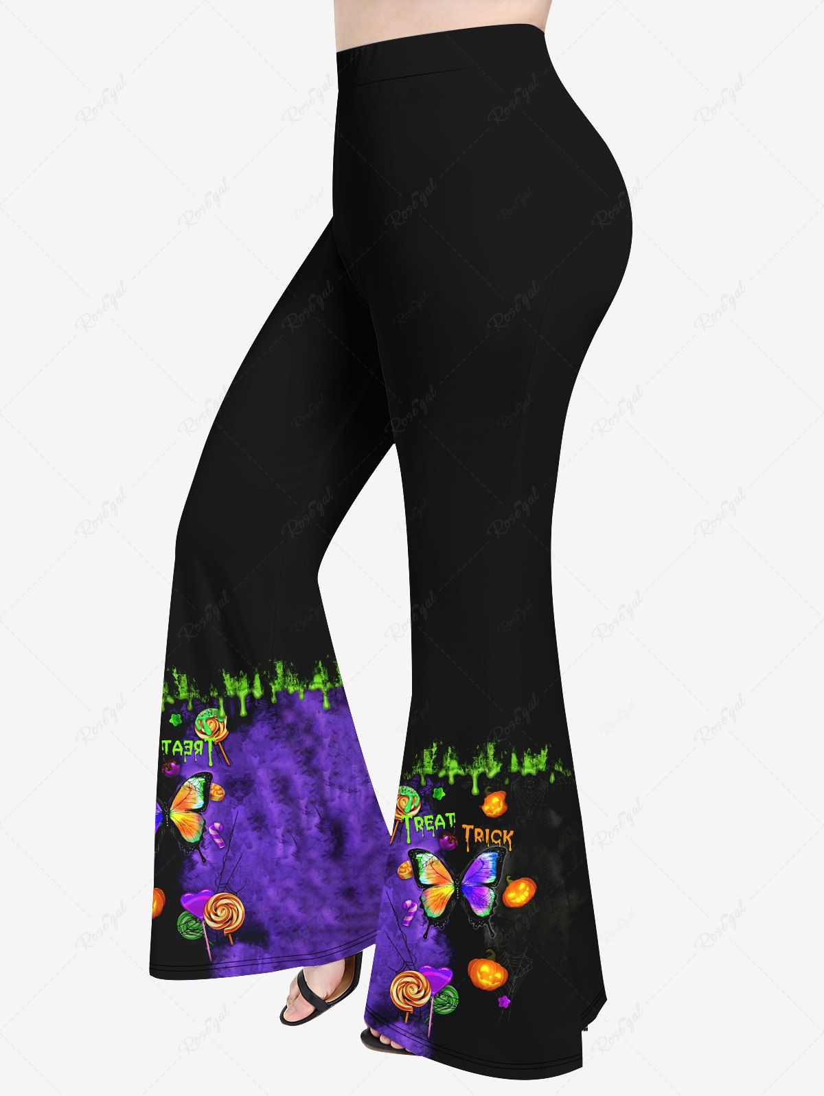 Trendy Plus Size 3D Butterfly Candy Pumpkin Colorblock Print Halloween Flare Pants  