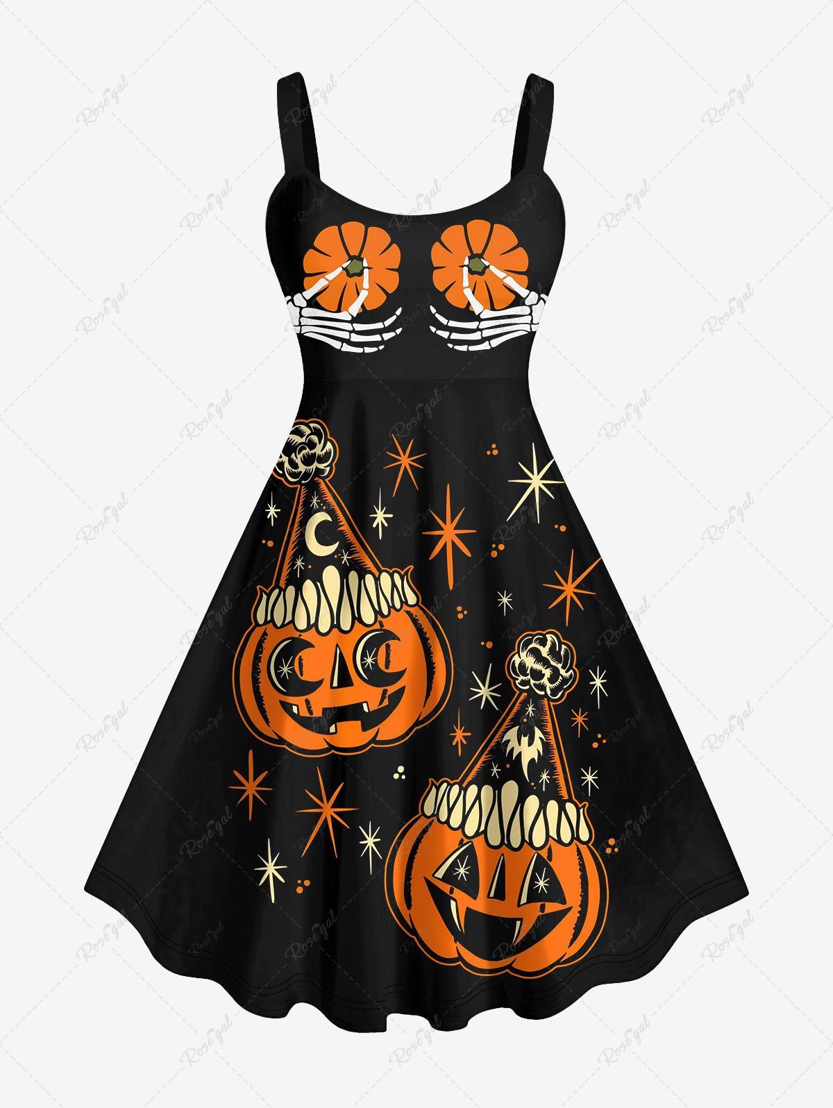 New Plus Size Halloween Pumpkin Star Skeleton Claw Print Tank Dress  