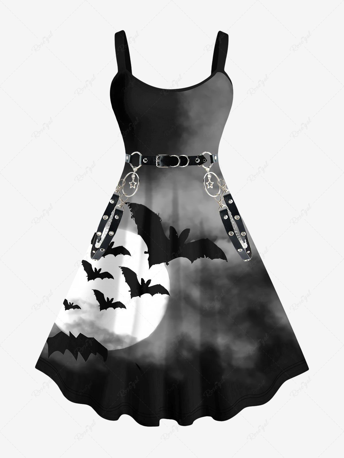 Sale Plus Size 3D Bat Moon PU Buckle Chain Tassel Print Halloween Ombre Dress  