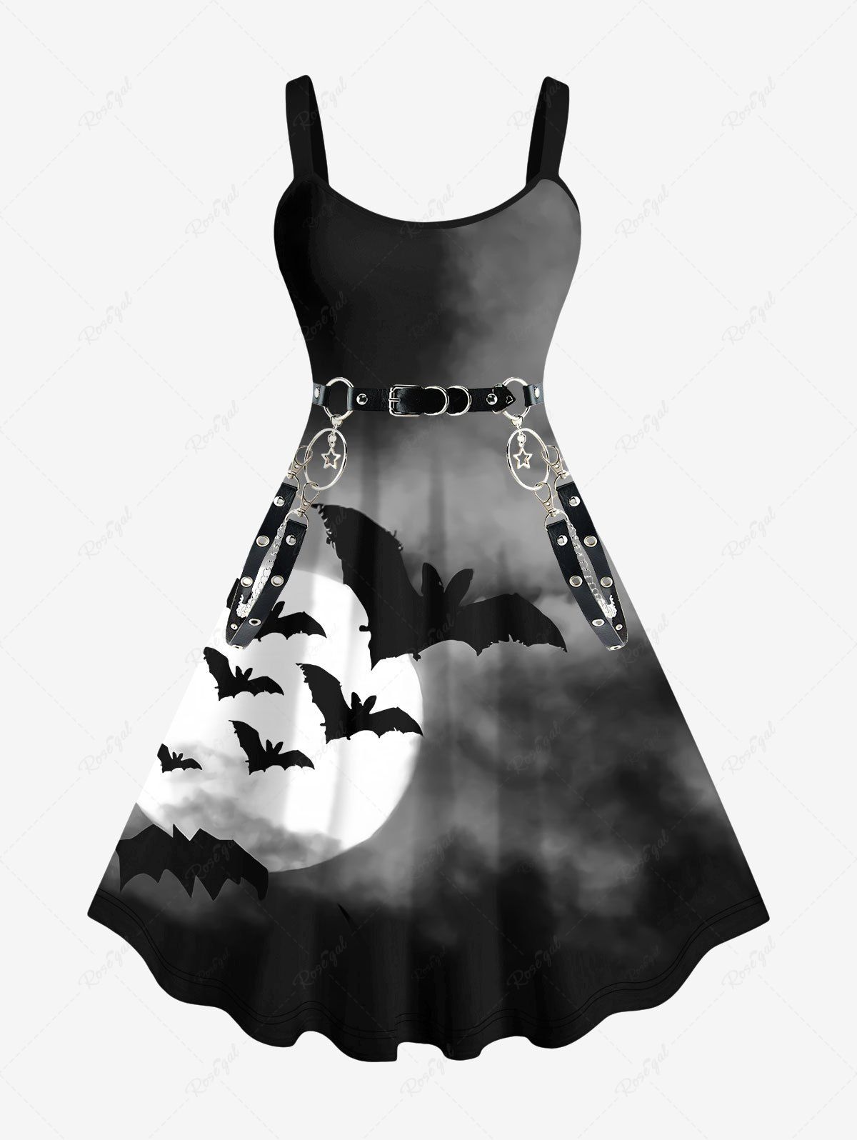 Robe D'Halloween Bouclée 3D Chauve-souris Ombré Chaîne Imprimée de Grande Taille en PU Noir 6X