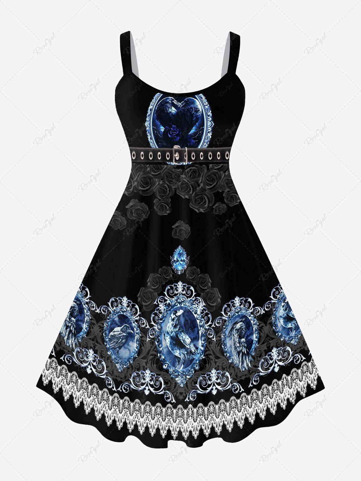 Fashion Plus Size 3D Eagle Rose Floral Paisley Belt Print Halloween Tank Dress  