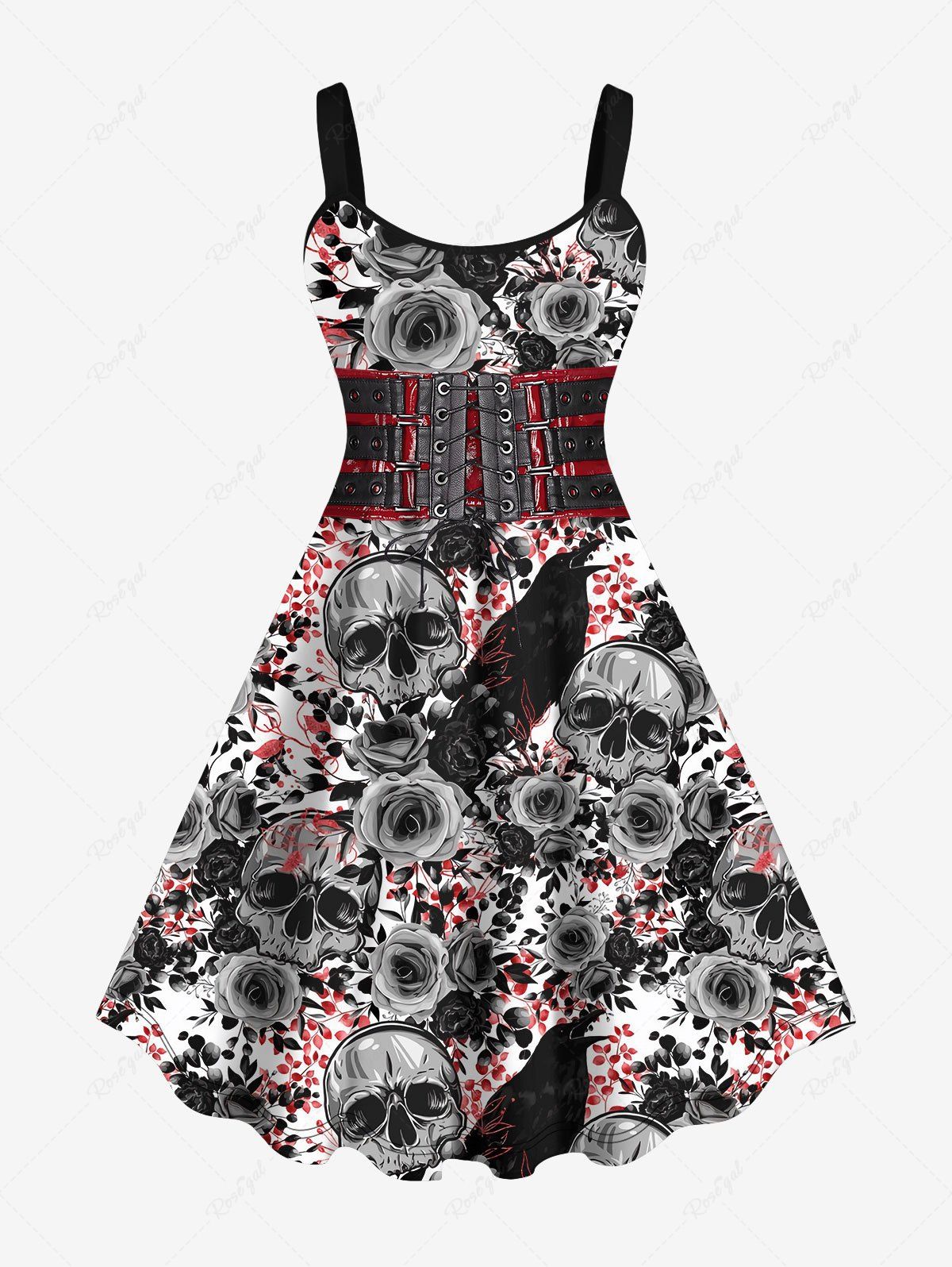 Best Plus Size Halloween Costume Rose Skull Bird Grommets Lace Up 3D Print Tank Dress  