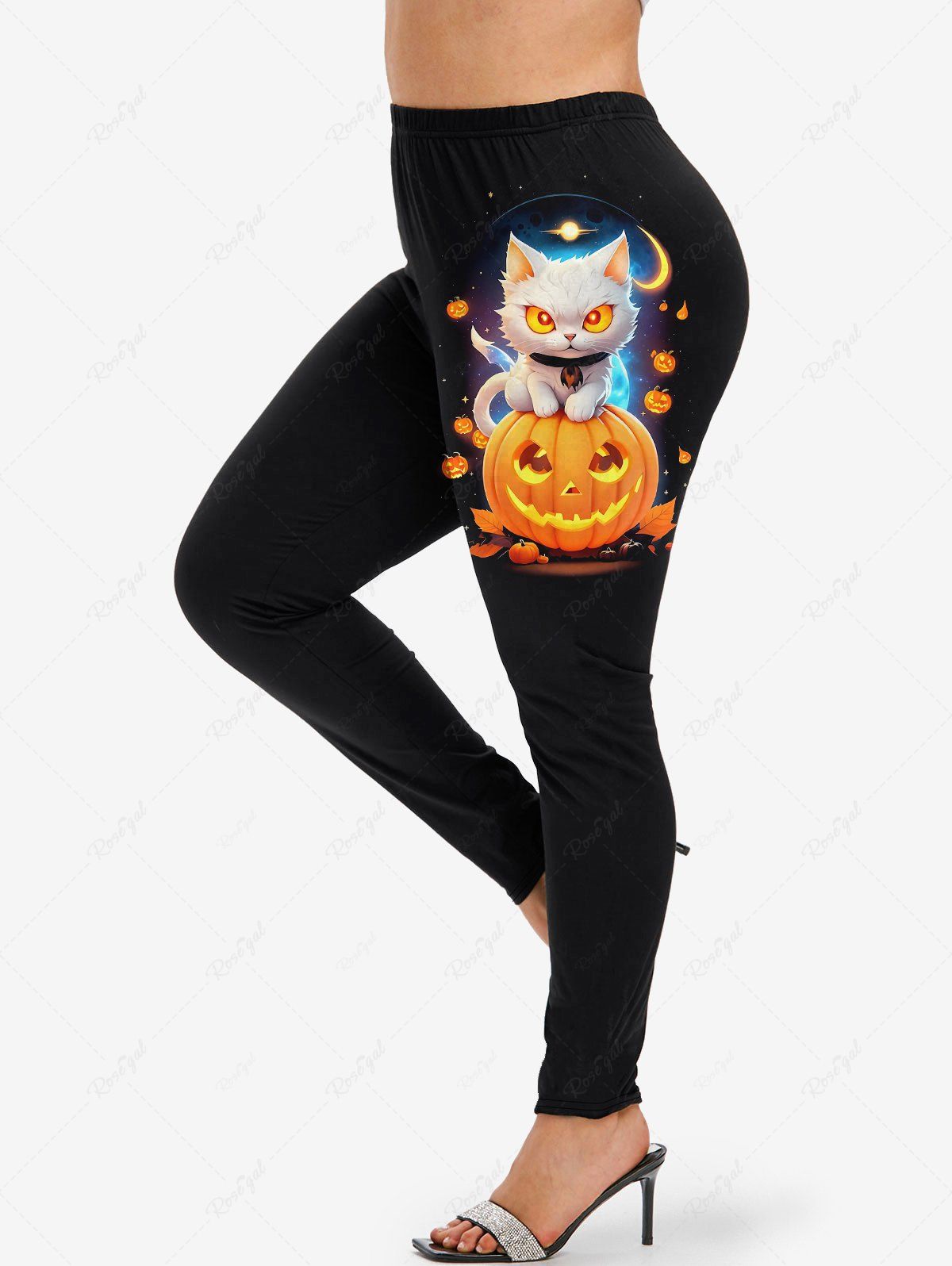Legging D'Halloween Chat Lune et Citrouille Imprimés Grande Taille à Paillettes Noir M