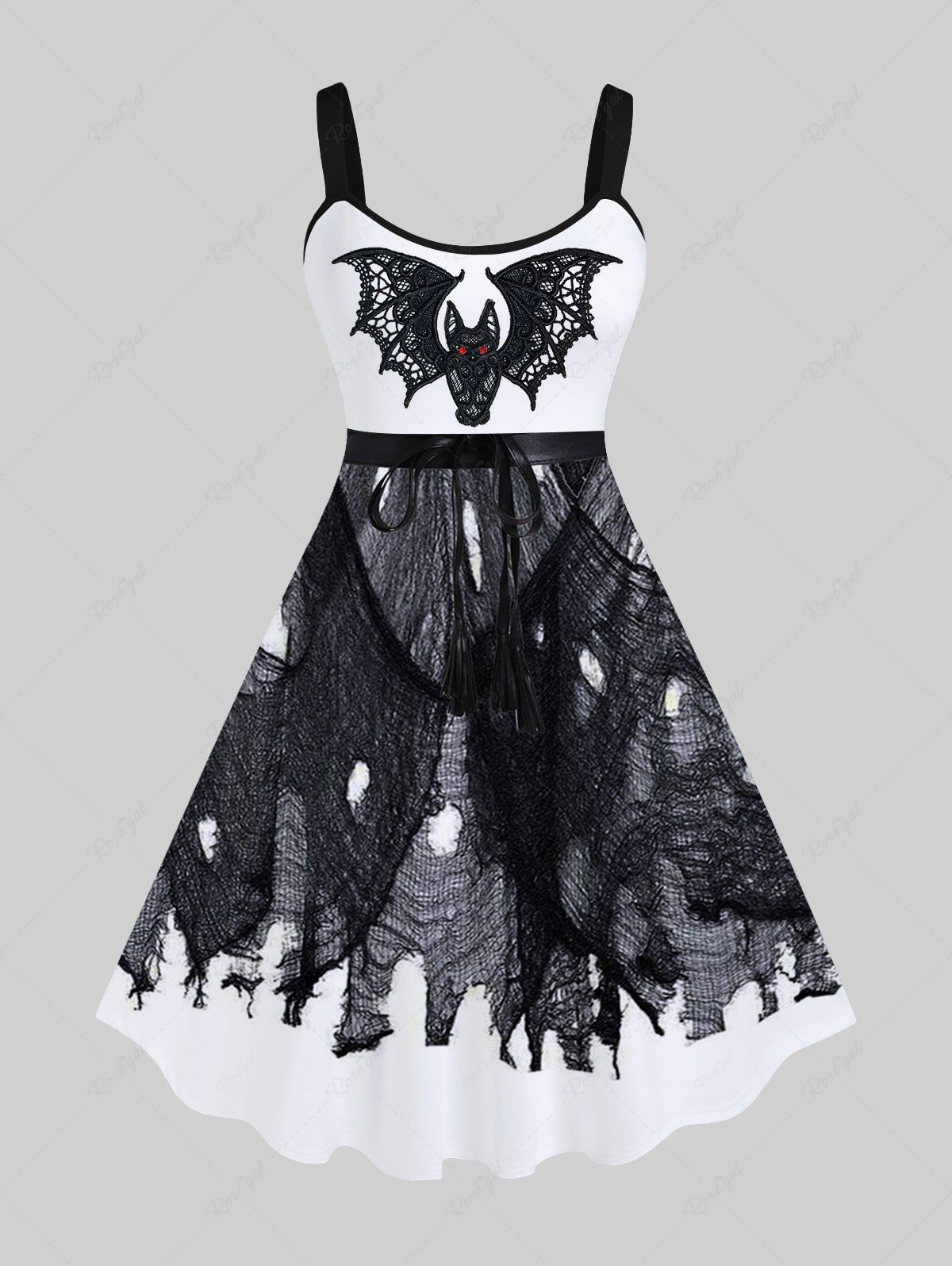 Trendy Plus Size Halloween Bat Ribbon Ripped Mesh 3D Print Tank Dress  