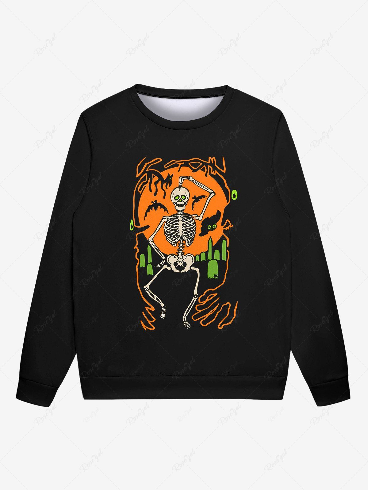 Sweatshirt Gothique D'Halloween Lune Squelette et Chauve-souris Imprimés pour Homme Noir 6XL