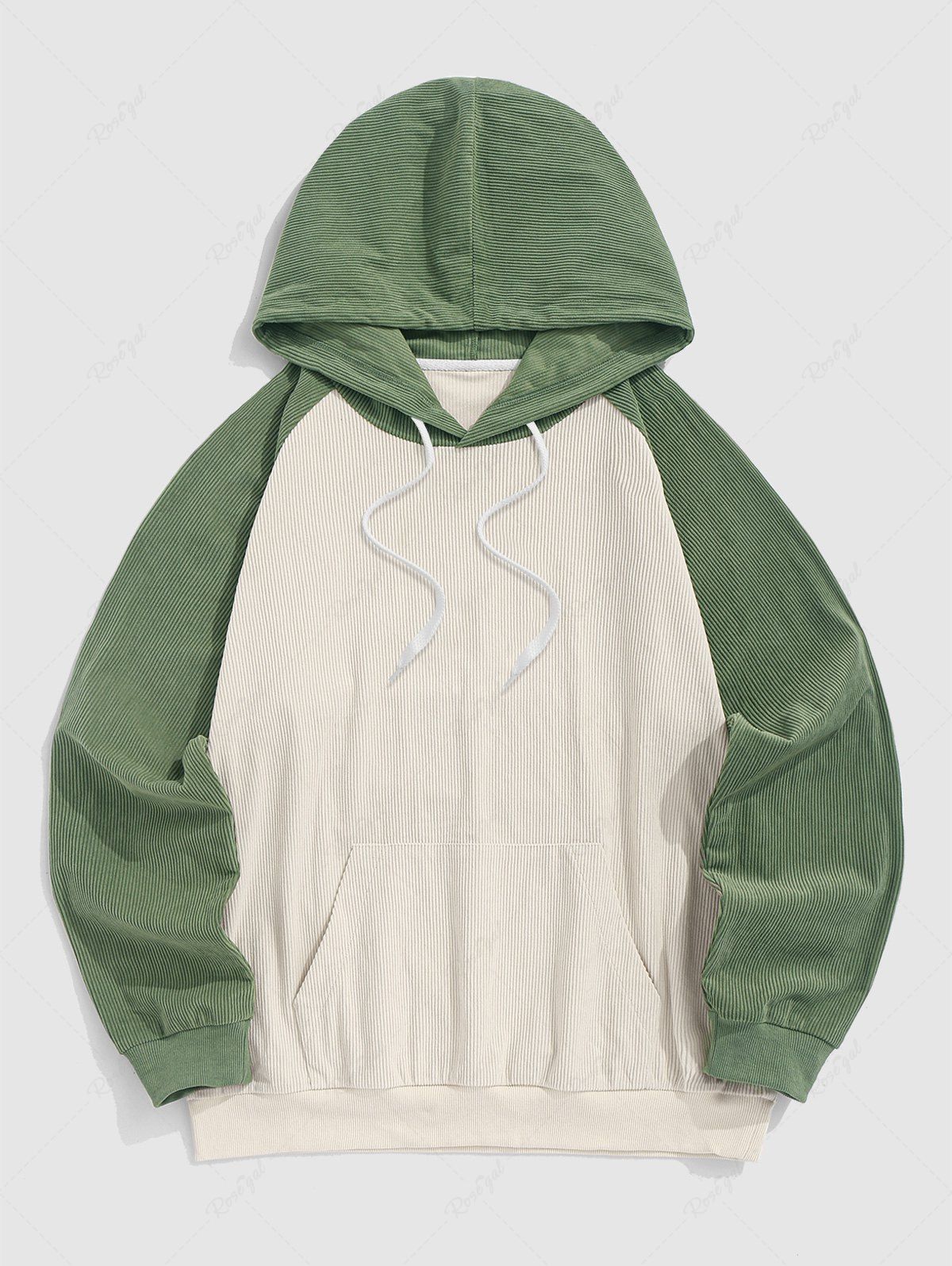 Unique Men's Casual Daily Two Tone Colorblock Raglan Sleeve Drawstring Front Pocket Corduroy Hoodie  