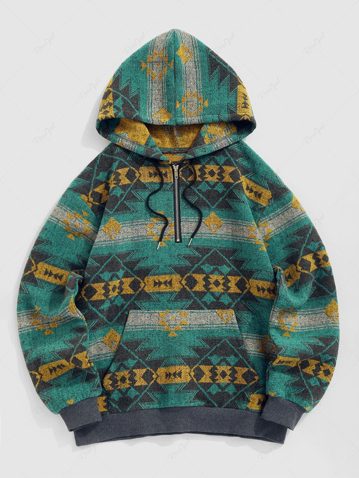 Fashion Men's Ethnic Aztec Printed Quarter Zip Woolen Blend Pullover Hoodie  